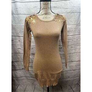 2b bebe Womens Dress Size S Beige Gold Sequin Embellished Long Sleeve